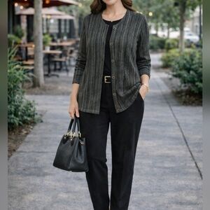 Alfred Dunner Black and Gray Striped Button-Front Cardigan